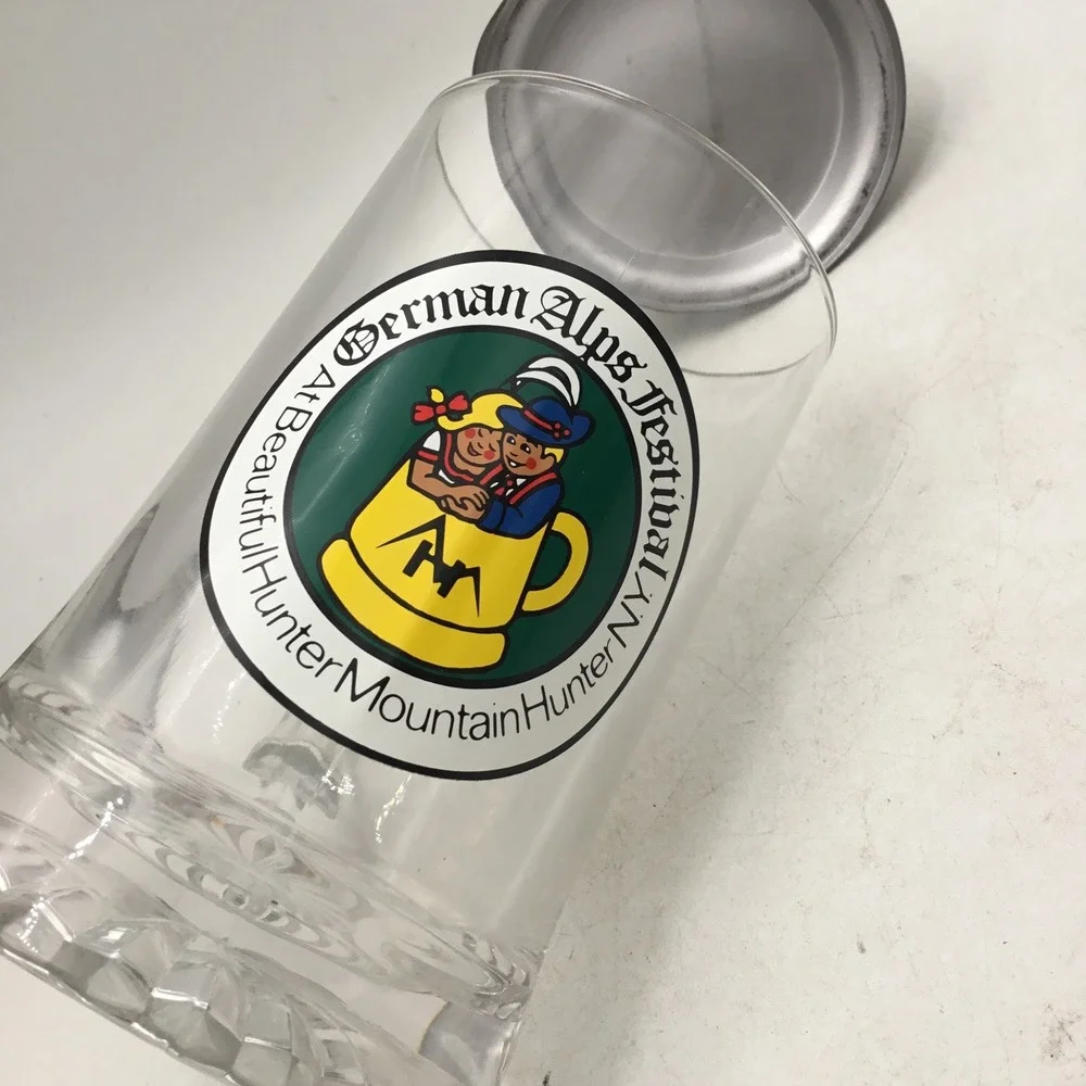 German Alps Festival Hunter Mountain NY Glass Beer Stein with Pewter Lid